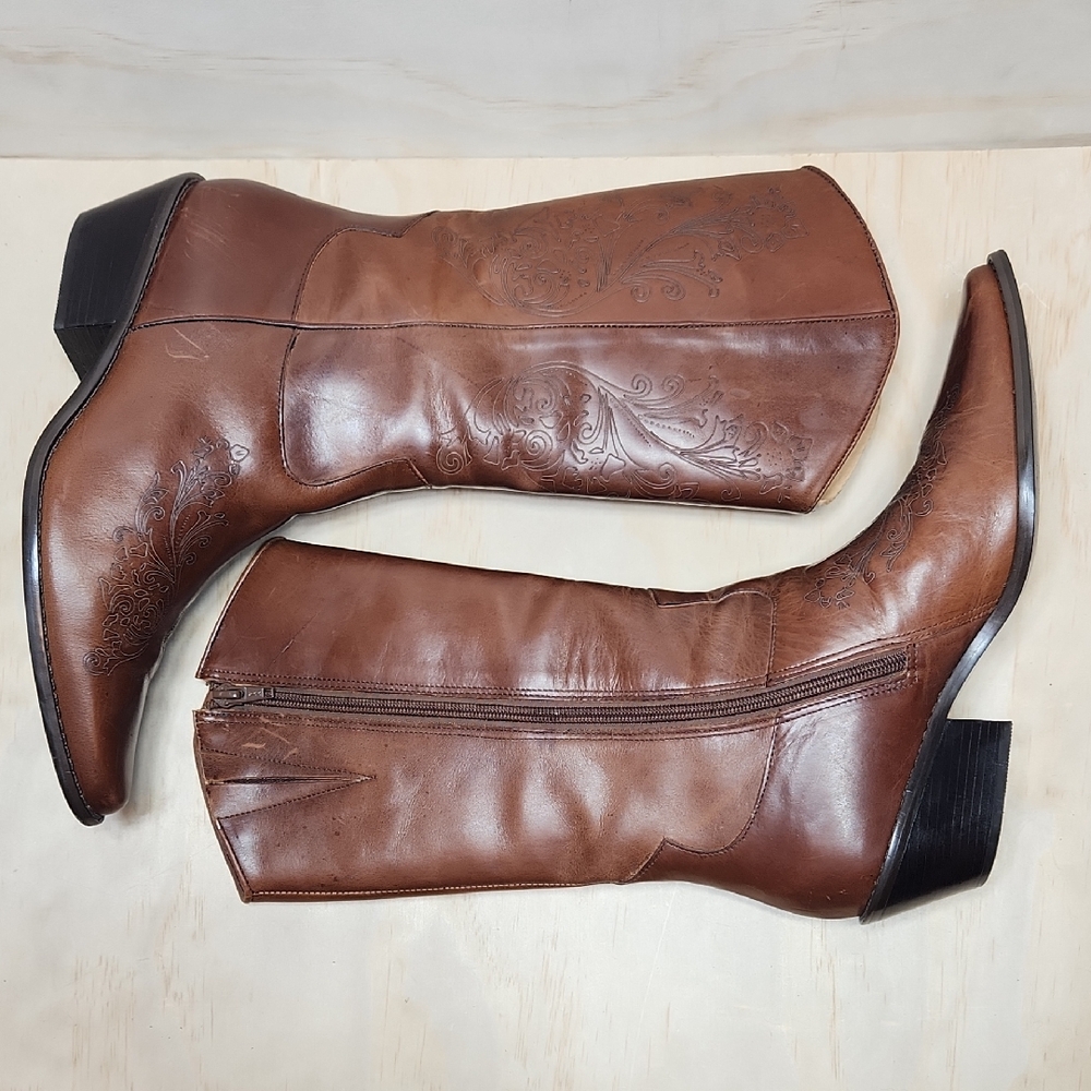 Matisse Brown Embossed Leather Heeled Knee Boots